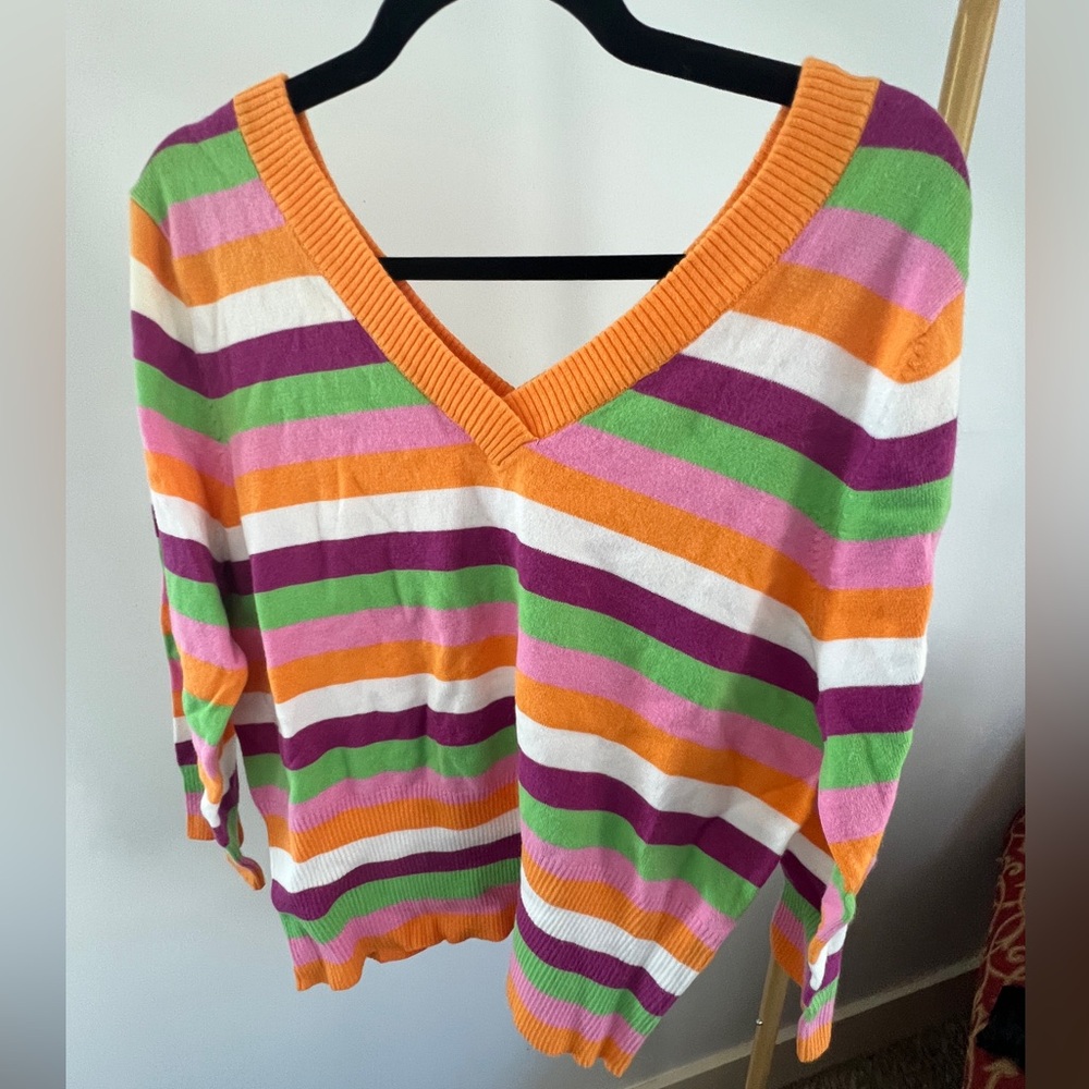 Colorful Striped V-Neck Crop Sweater 3/4 Sleeves NWT!